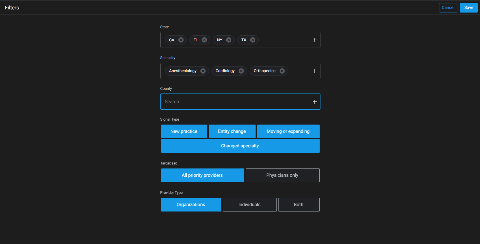 NPI Scout filter panel with state, specialty, and county selectors plus signal type, target set, and provider type options.