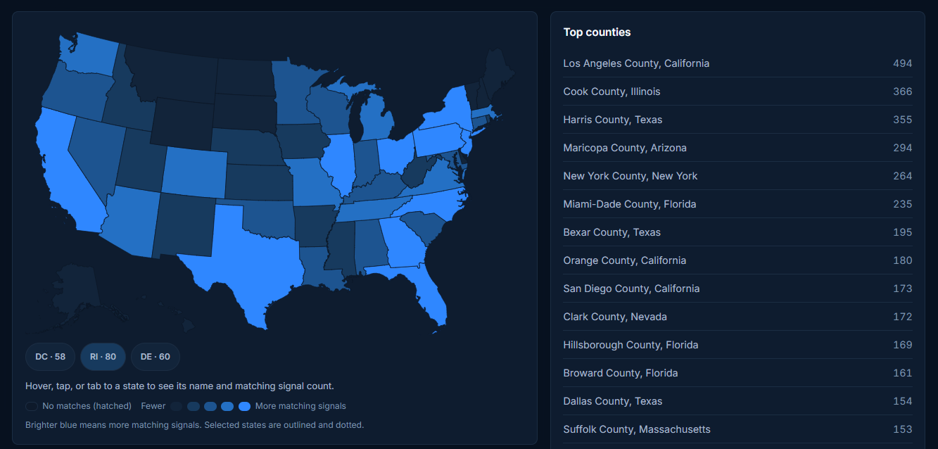 The NPI Scout map view with a United States choropleth of matching signal density beside a ranked list of top counties.