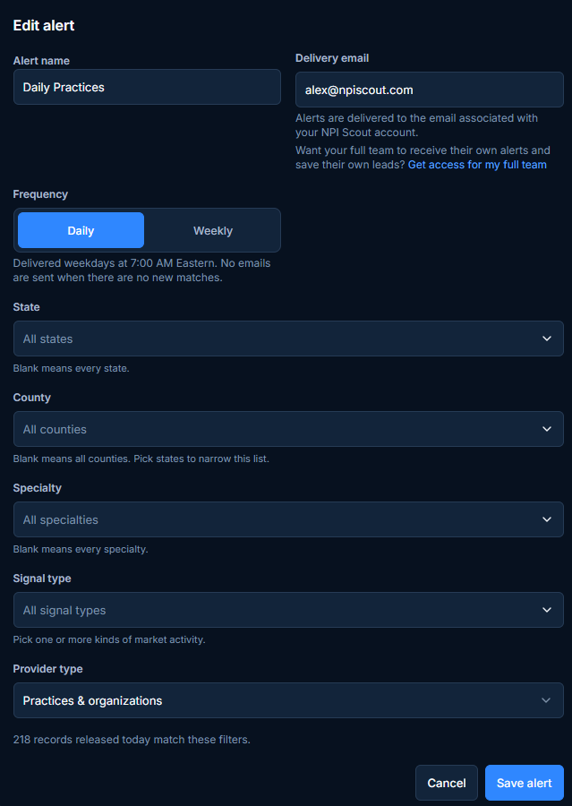 The NPI Scout alert editor with alert name, delivery email, daily or weekly frequency, and state, county, specialty, signal type, and provider type filters.