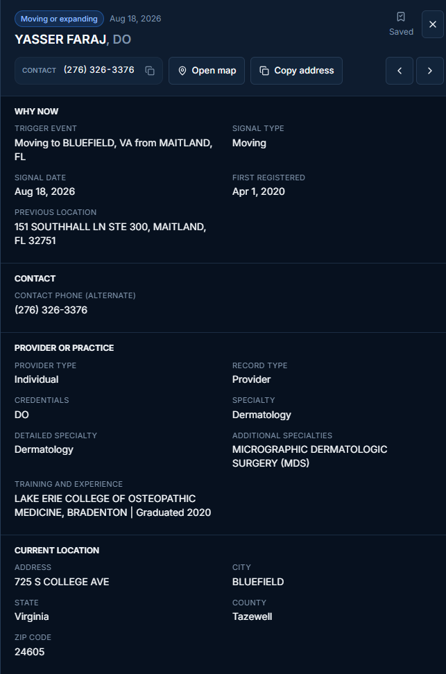 An NPI Scout record detail panel showing why now, trigger event, signal date, contact phone, provider type, specialty, training, and current practice location.